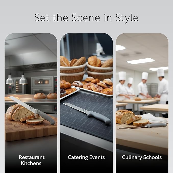Restaurantware Comfy Grip 8 Inch Bread Knife 1 Sharp Serrated Knife - Ergonomic Handle Non-Slip Grip Gray Stainless Steel Bread Cutting Knife Dishwashable Slice All Types Of Bread