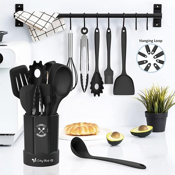 Silicone Kitchen Utensils Set, 16-Piece Silicone Cooking Utensils by Deedro, Heat Resistant Kitchen Tools Set with Holder, Nonstick Spatula Kitchen Gadgets for Cooking & Baking, Black