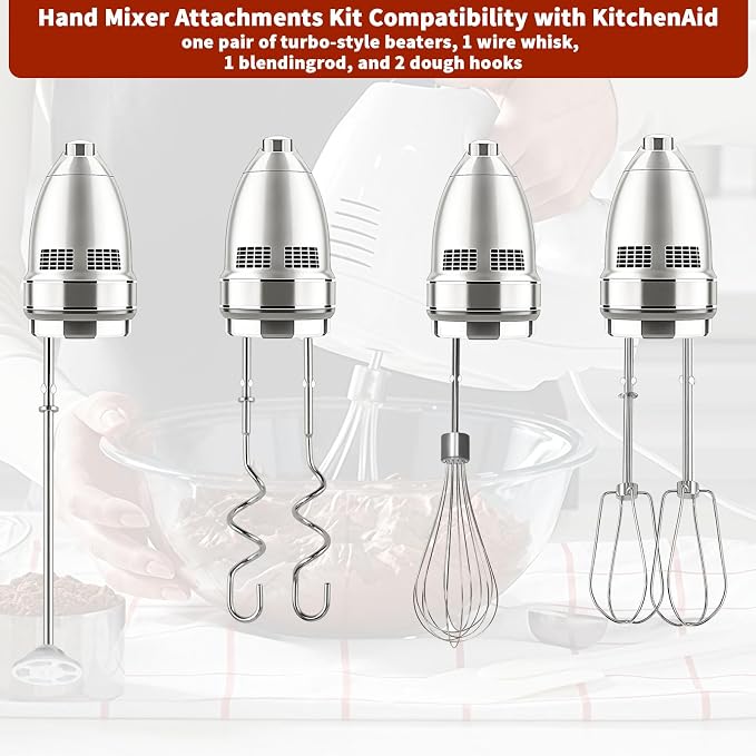 Hand Mixer Beaters Attachments for KitchenAid KHM512 KHM6118 KHM7210 KHM926, Including Turbo Beater, Pro Whisk, Dough Hooks, Blending Rod, Set of 6