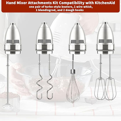 Hand Mixer Beaters Attachments for KitchenAid KHM512 KHM6118 KHM7210 KHM926, Including Turbo Beater, Pro Whisk, Dough Hooks, Blending Rod, Set of 6