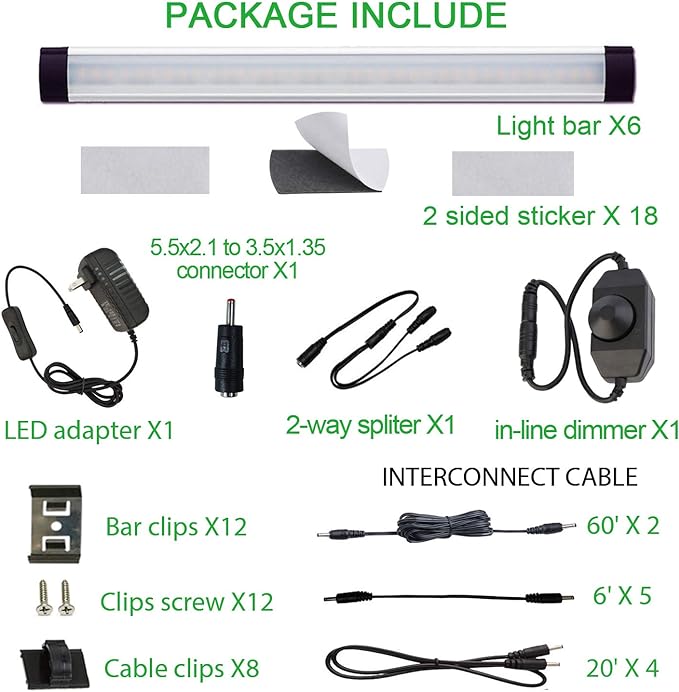 AIBOO LED Under Counter Light Rigid Bar Kit, Plug in Corded Under Cabinet Lighting with 12V LED Dimmable Switch for Counter Shelf Showcase Display Lighting (6 Panels,Warm White)