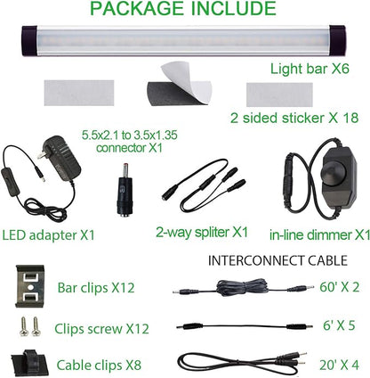 AIBOO LED Under Counter Light Rigid Bar Kit, Plug in Corded Under Cabinet Lighting with 12V LED Dimmable Switch for Counter Shelf Showcase Display Lighting (6 Panels,Warm White)