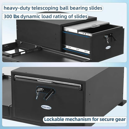 Hooke Road JK JL Bronco Trunk Storage Organizer & Fridge Slide Mount for 2007-2026 Jeep Wrangler JK JL 4-Door & 2021-2026 Ford Bronco 4-Door, Lockable Cargo Drawer Sliding Out Fridge Tray
