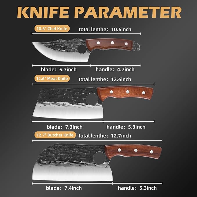 Chef Knife Set, 3 PCS Japanese Kitchen Butcher Knife Set, Serbian Chef Knives Meat Cleaver Viking Boning Knives, Professional Hand Forged Steel, for Home Outdoor Cooking Camping BBQ