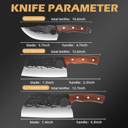 Chef Knife Set, 3 PCS Japanese Kitchen Butcher Knife Set, Serbian Chef Knives Meat Cleaver Viking Boning Knives, Professional Hand Forged Steel, for Home Outdoor Cooking Camping BBQ