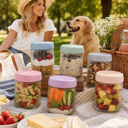 ColoVie 6-Pack Glass Overnight Oats Containers with Airtight Lids - 16oz Decorative Mason Jars for Meal Prep, Chia Seed Pudding, Salad, Snacks & Spice Storage - Wide Mouth, Dishwasher Safe