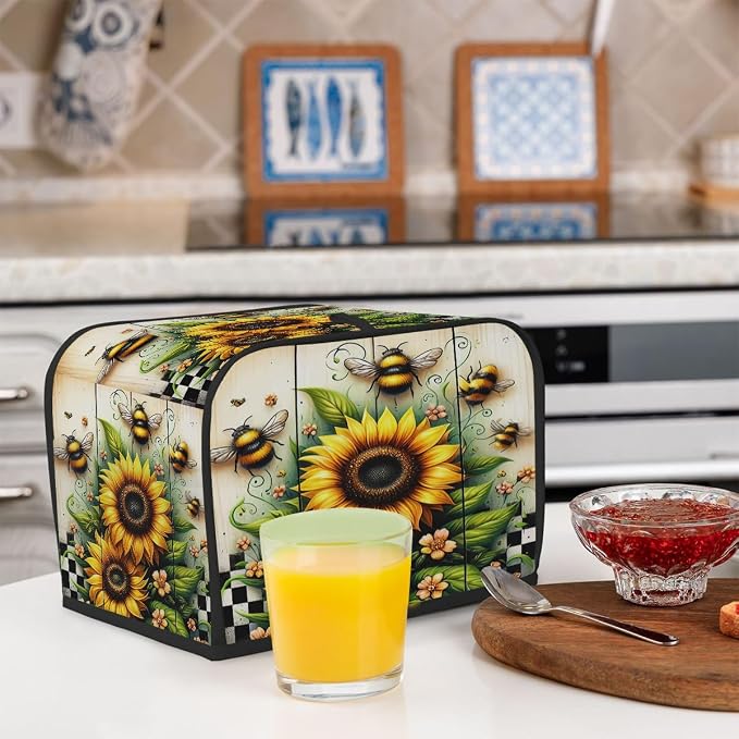 4 Slice Sunflower Wood Bee Toaster Cover Waterproof Dust Fingerprint Bread Machine Cover Washable Kitchen Appliance Protector For Home Kitchen Bakeware Table Decor Women Gifts