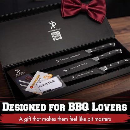 KITCHEN PERFECTION 3-Piece BBQ Slicing & Carving Meat Knife Set -12” Brisket Knife, 10” Butcher Knife, 6” Boning Knife with Sheaths -Razor Sharp German Steel,Full Tang Ergonomic Handles- Gifts for Men