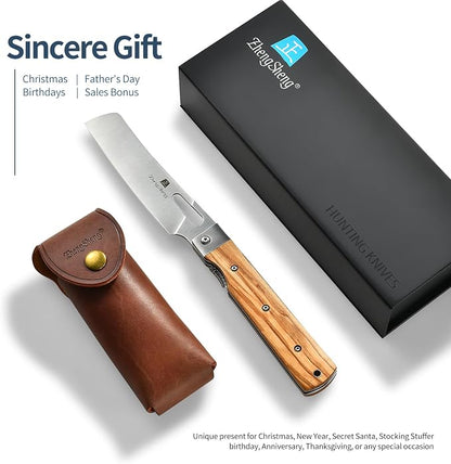 ZhengSheng Folding Chef Knife with Leather Pouch 4.8” Sharp 440A Stainless Steel Blade Olive Handle Pocket Foldable Japanese Style Kitchen Knife for Outdoor Camping BBQ trip Cooking.