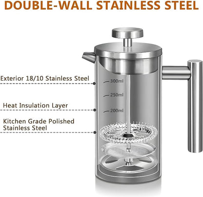 Small French Press Coffee Maker 1 Cup - 12oz/350ml Single Cup Metal French Press(1 Cup), Stainless Steel Double Wall Insulated Coffee & Tea Maker w/ 3 Extra Screens + 1 Spoon (Silver), Dishwasher Safe
