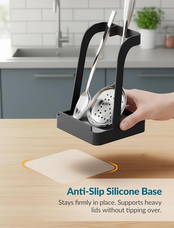 NiHome Upgraded Pot Lid and Spoon Rest with Diatomite Absorbent Tray & Silicone Anti-Slip Pad – Sturdy Metal Frame, Multifunctional Ladle Holder for Kitchen Countertop, 3.9"x3.9"x6" (Black)