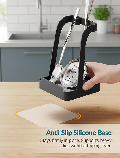 NiHome Upgraded Pot Lid and Spoon Rest with Diatomite Absorbent Tray & Silicone Anti-Slip Pad – Sturdy Metal Frame, Multifunctional Ladle Holder for Kitchen Countertop, 3.9"x3.9"x6" (Black)
