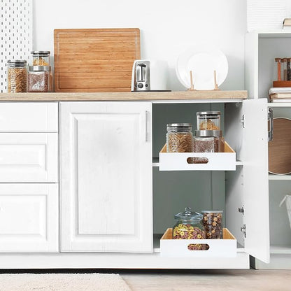 CroBlissful 2 PCS Wood Pull Out Cabinet Organizers with Removable Dividers, 14''W x 21''D Nail-free Wood Sliding Drawers with Adhesive Tape, Roll Out Shelves for Kitchen, Pantry, Office (White)