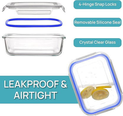 Vtopmart 5Pack 22oz Glass Storage Containers with Lids, Glass Meal Prep Food Container Sets with Snap Airtight Lid for Microwave, Oven, Freezer and Dishwasher, Blue