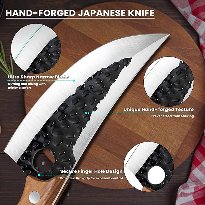 MDHAND Chef Knife - Hand Forged Kitchen Knife, High Carbon Steel Butcher Knife with Ergonomic Wood Handle, Japanese Chef Knives for Camping, Outdoor, BBQ, Gifts for Men