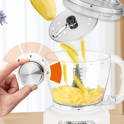 Homtone 16 Cup Food Processor Large, 9-in-1 Vegetable Chopper with 7 Blades for Shredding, Slicing, French Fry Cutting, Meat Grinding, Dough Kneading, 3 Speeds, Dishwasher Safe
