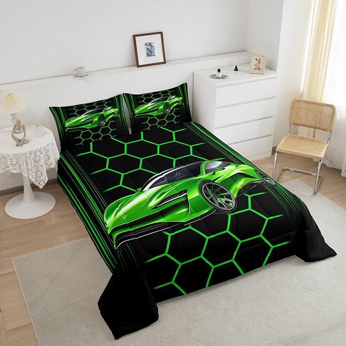 Manfei Honeycomb Geometric Boys Girls Comforter Set Full Size,Racing Car Theme Duvet Set Teens Bedroom Decor,Extreme Sports Microfiber Soft Bedding