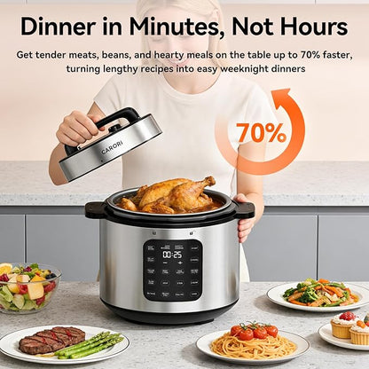 Carori 8 Qt Electric Pressure Cooker, 9-in-1 Multi-Cooker 1000W with IMD Touchscreen, Non-Stick Inner Pot, For Pressure/Slow/Rice Cooking, Steaming, Sauté & Keep Warm, Silver