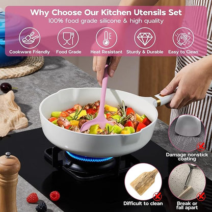 Onader Silicone Cooking Utensils Set, 10 Pieces Kitchen Utensils Set, Pink Kitchen Gadgets Tools Kit for Nonstick Cookware
