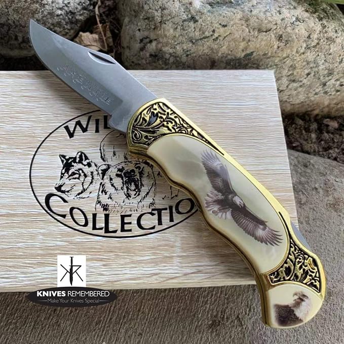 Monogram Knife, Custom Knives, Collector Knife, Personalized Knife, Engraved Knives, Wild Life Collection Knife w/Wooden Collection Box (Eagle)