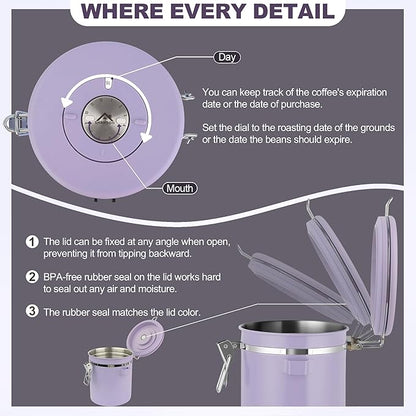 ShanSon Coffee Canister Airtight, Stainless Steel Bean Storage Container with Date Tracker & Scoop, Grounds Sugar Flour Tea Cereal Fits Kitchen Pantry, Ideal Gift for Coffee Lovers,12oz, Purple