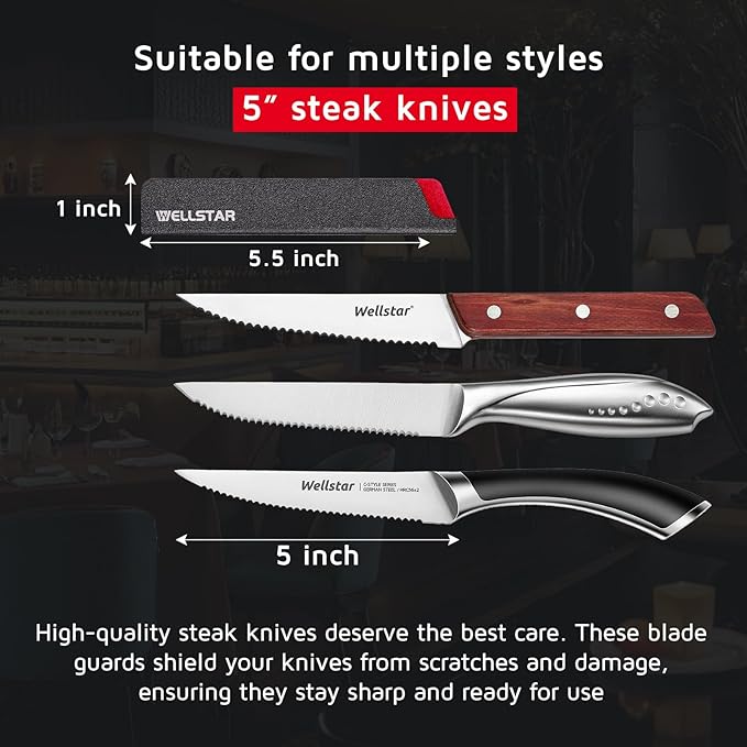 WELLSTAR Steak Knife Edge Guards Set, 8 Piece Universal Blade Covers, BPA Free ABS Protective Blade Sheaths, Non-Scratch Felt Lining Kitchen Utility or Steak Knives Covers (Knives not included)