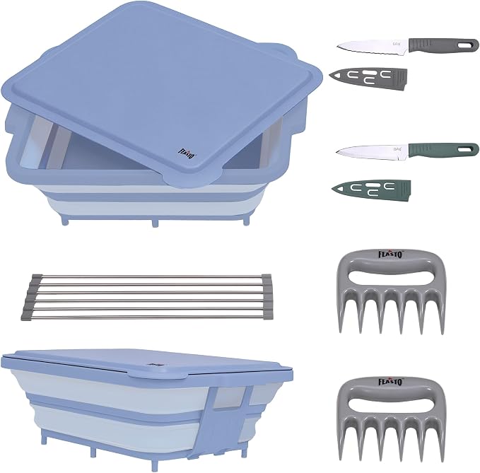 Feasto Collapsible BBQ Prep Tubs with Cutting Board, 9-IN-1, 2 Tubs Portable Grill Prep Station with Side Brackets, Lids, Knives, Meat Claws and Drain Rack, Space-Saving for Kitchen & Camping, Blue