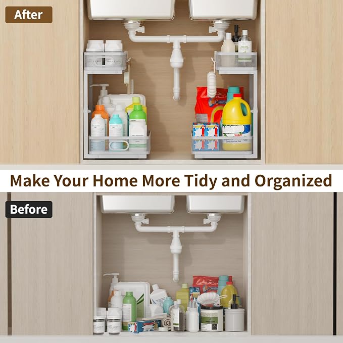Under Sink Organizer 1 Pack, 2-Tier Slide Out Cabinet Organizer with Metal Sliding Drawer and Hooks, Pull Out Storage Baskets for Kitchen Bathroom Pantry Cabinet Organization (Gray (1 pack))