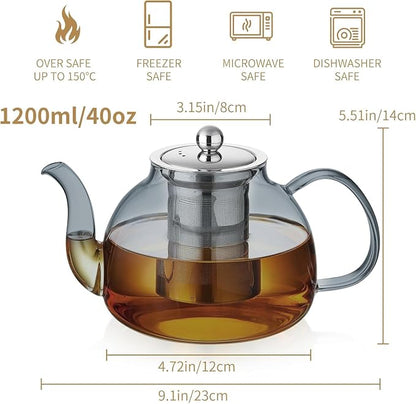 DOPUDO 40OZ (1200ML) Glass Teapot with Infuser Stovetop Safe, Clear Glass Tea Pot Kettle, Borosilicate Tea Pot with Infusers Filter for Loose Tea, Tea Kettle Dishwasher Safe (Black)