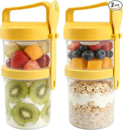 Overnight Oats Container 2 Pack, 31 fl oz Dual Layer Parfait Cups with Lids and Forks, 19 oz Bottom + 12 oz Top, 3.23 in Wide Mouth, Leak Resistant Meal Prep Jar for Yogurt Granola Salad