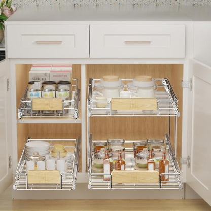 LOVMOR 2 Tier Pull Out Cabinet Organizer 13½" W x 21½" D, Slide Out Drawers with Wooden Handle, Sliding Shelves Organization and Storage for Kitchen, Pantry