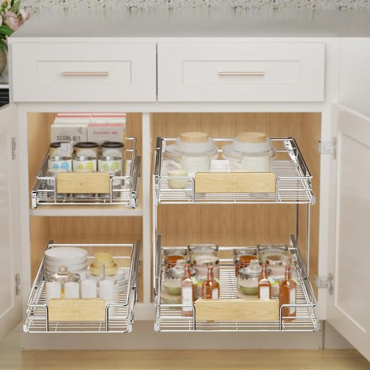 LOVMOR 2 Tier Pull Out Cabinet Organizer 13½" W x 21½" D, Slide Out Drawers with Wooden Handle, Sliding Shelves Organization and Storage for Kitchen, Pantry