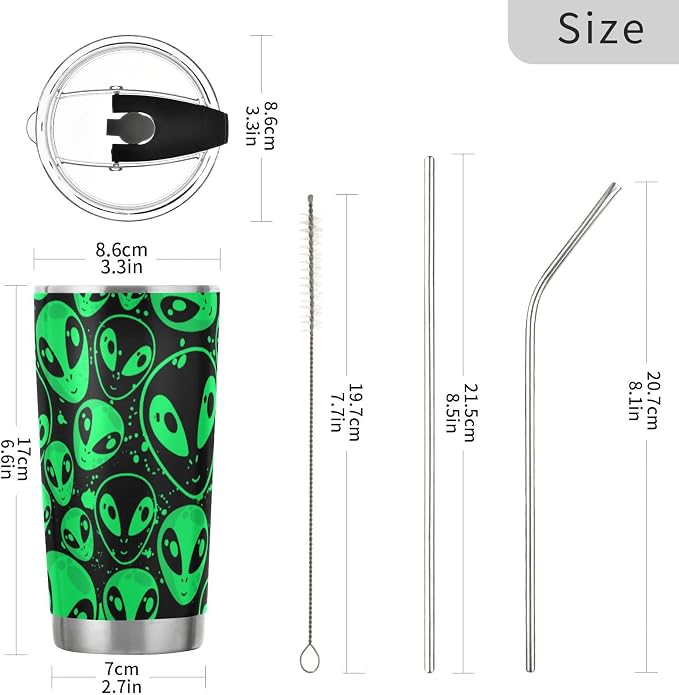 Tumbler Alien Neon Green Insulated Coffee Cup Driver Beverage Container Office Travel Mug with Straw and Lid 20oz Back to School Holiday Gift