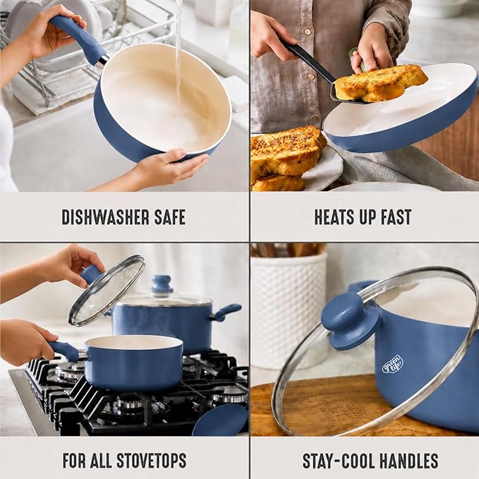 GreenLife 16-Piece Nonstick Cookware Set, Non-Toxic Ceramic Pots and Pans Set, Durable Healthy Kitchen Essentials, Fast Heating, Induction Ready, Easy Clean Dishwasher Safe, PFAS-Free, Slate Blue