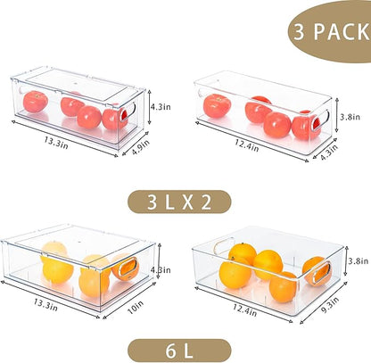 Set of 3 Stackable Refrigerator Organizer Bins Pull-Out Drawers for Fruit and Veggies Divided Storage Organizer for Fridge Clear Drawer Containers with Handle for Produce Saver, Eggs, Snack
