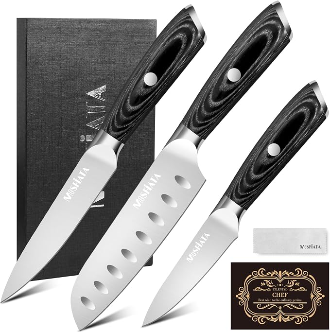 MOSFiATA 3pcs Kitchen Knife Set, Sharp Chef Knife High Carbon German EN1.4116 Stainless Steel Santoku Cooking Knife, Fruit Paring Knife Kitchen Chopping Knives Set with Wooden Handle and Gift Box