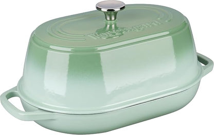 VORRINGARD Enameled Cast Iron Dutch Oven Pot with Dome Lid, Oval Bread Oven for Homemade Sourdough Bread Baking, Oven Safe up to 500°F, 6 Quart, Green