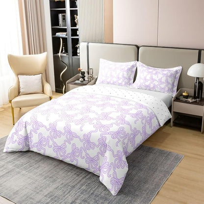 Castle Fairy 100% Natural Cotton Cute Bow Bedding Set King Size Purple Coquette Bowtie Duvet Cover Luxury Light Watercolor Ribbon Bowknot Preppy Style Comforter Cover (No Comforter)