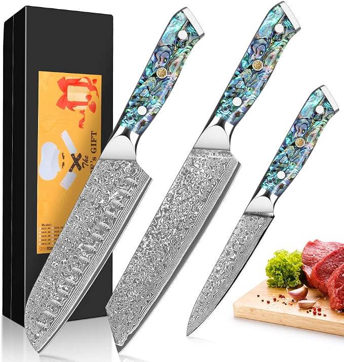 Home Safety Damascus Knife Set of 3, 12.4-19cm Chef's Knife Set Made of 67 Layers of VG-10 Damascus Steel, Santoku Knifves, Kiritsuke Knife with Ergonomic Abalone Shell Handle, Gift Box