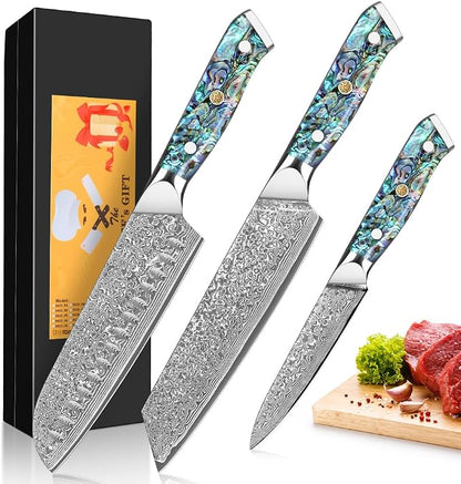 Home Safety Damascus Knife Set of 3, 12.4-19cm Chef's Knife Set Made of 67 Layers of VG-10 Damascus Steel, Santoku Knifves, Kiritsuke Knife with Ergonomic Abalone Shell Handle, Gift Box