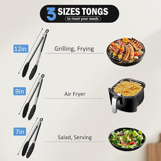 Kitchen Tongs, Stainless Steel Cooking Tongs with Silicone Tips, 600ºF High Heat-Resistant Non Scratch Locking Tongs for Cooking BBQ Grilling Air Fryer Pans, Set of 3 (7" 9" and 12") Black
