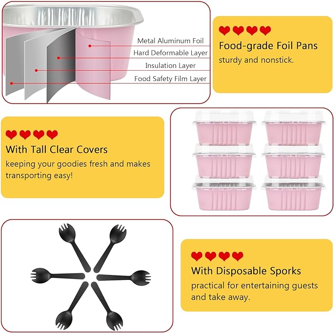 LNYZQUS Mini Cake Pans with Lids and Spoons,10oz Disposable Small Foil Baking Tins,40 Pack Individual Cake Containers for Home Bakers Bake Sales-Pink,4x4 Square