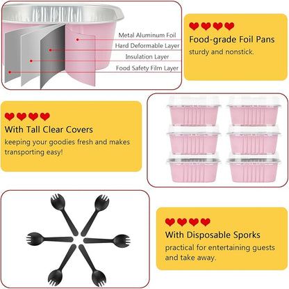 LNYZQUS 10oz/80pack Mini Cake Foil Pans with Lids, 4”x4” Large Cupcake Pan Disposable Ramekins,Small Brownie Baking Cups Square Muffin Tin Cheesecake Containers Holders-Pink