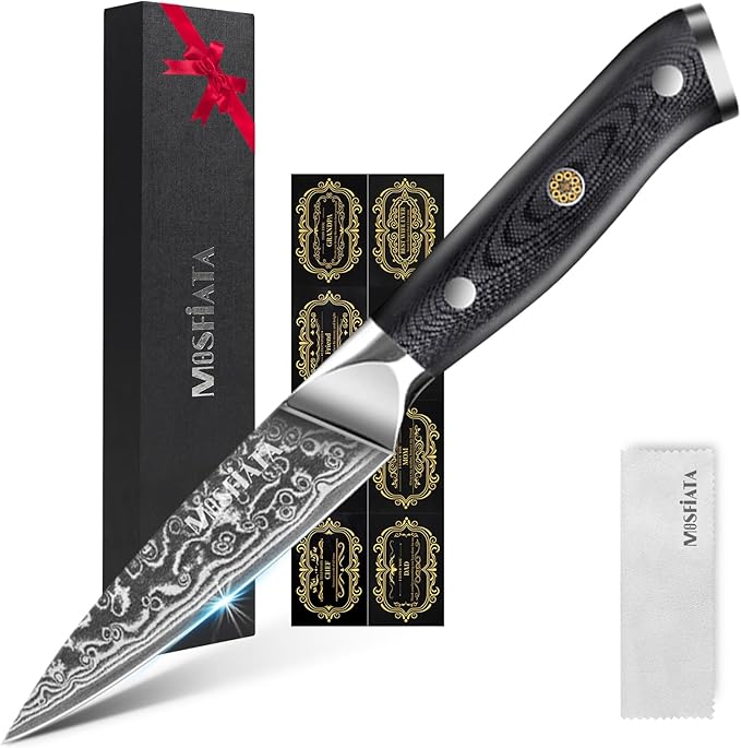 MOSFiATA Paring Knife, Super Sharp Damascus Fruit Knife, Multifunctional Peeling for Cutting Fruit Vegetables