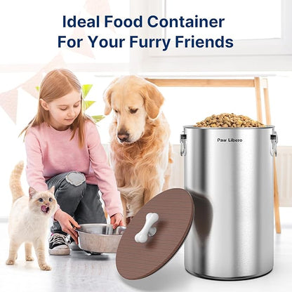 Paw Libero 2PK 35 Lbs total 70Lbs Stainless Steel Dog Food Storage Container with Airtight Wooden Lid & Ceramic Bone Handle, Large Metal Dog Food Bin for Dogs & Cats, Keep Fresh, Easy to Clean