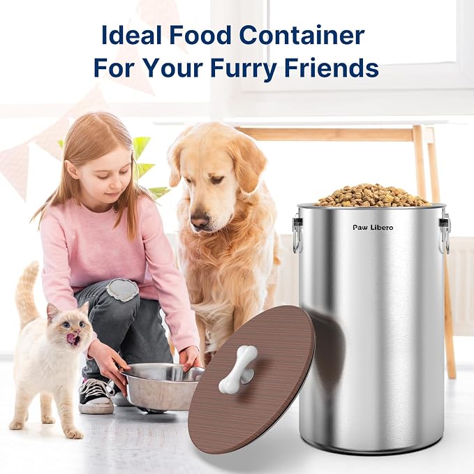 Paw Libero 35 Lbs Stainless Steel Dog Food Storage Container with Airtight Wooden Lid & Ceramic Bone Handle, Large Metal Dog Food Bin, Pet Treat Jars for Dogs & Cats, Keep Fresh, Easy to Clean