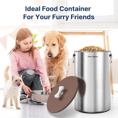 Paw Libero 35 Lbs Stainless Steel Dog Food Storage Container with Airtight Wooden Lid & Ceramic Bone Handle, Large Metal Dog Food Bin, Pet Treat Jars for Dogs & Cats, Keep Fresh, Easy to Clean