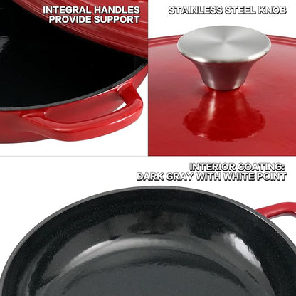 Flavehc Braiser Enameled Cast Iron Braiser 2.25 QT, Cast Iron Braiser Pan with Lid for Bread Baking, Soup & One Pot Meals, Small Shallow Dutch Oven Casserole for Oven & Induction, Red