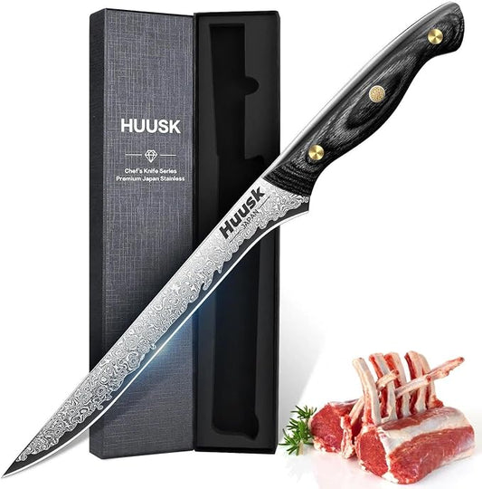 Huusk Damascus Boning Knife 8 inch, VG10 Brisket Trimming Knives for Meat Cutting, Flexible Fillet Knife, Butcher Knives, Kitchen Slicing Knives with Full Tang Handle, Christmas Gift for Men and Women