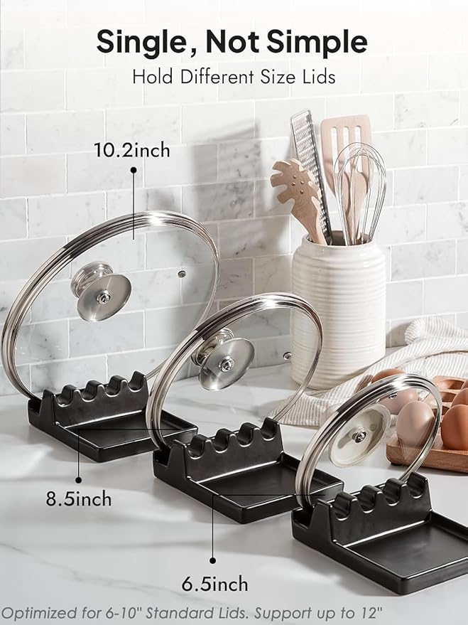 LE TAUCI Ceramic Spoon Rest with Lid Holder for Stove Top, Multi-Utensil Spoon and Pot Lid Rest for Kitchen Counter, 6.2" Heavy Duty Spatula Ladle Holder with Drip Pad, Kitchen Gadgets, Black
